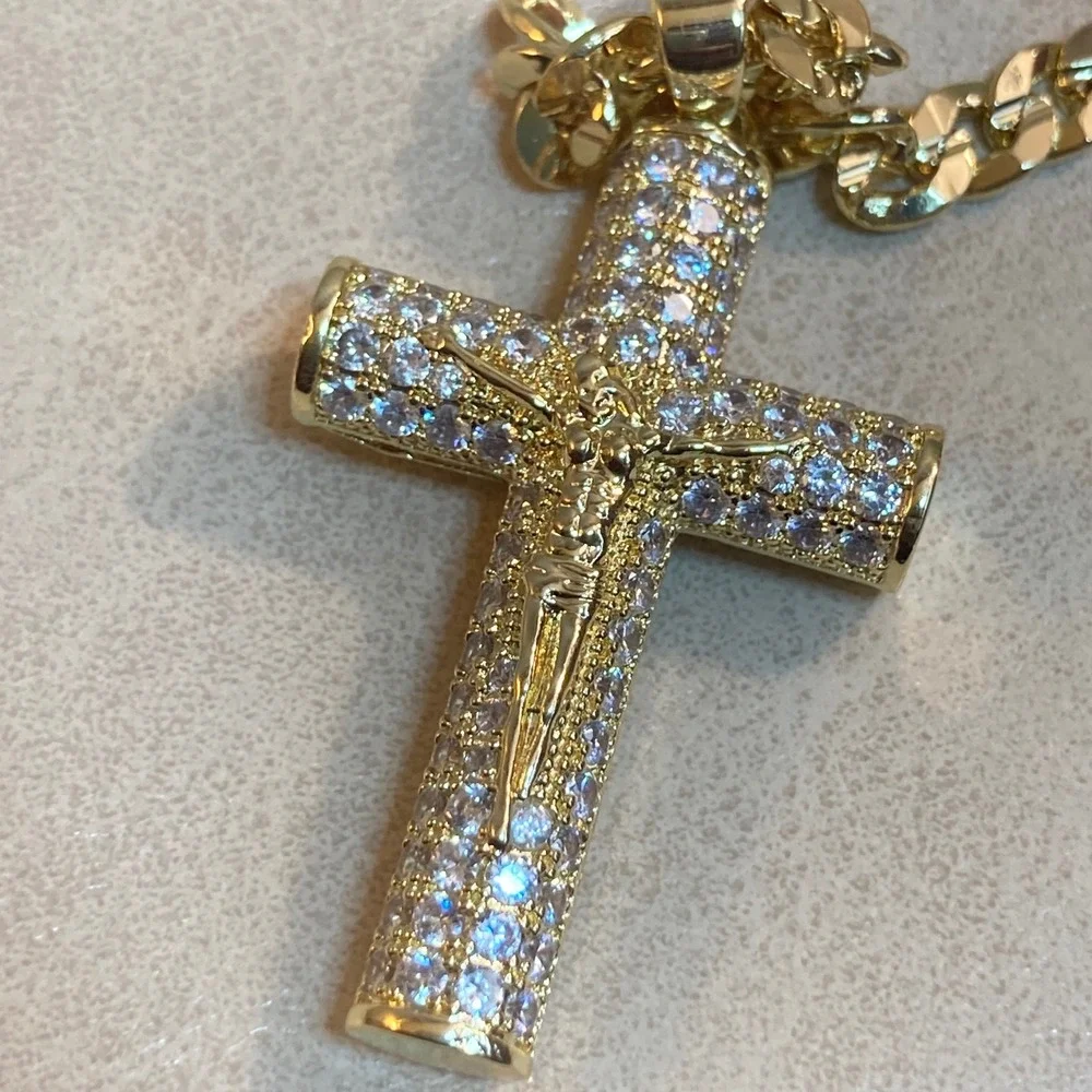 Gold Tone Iced Out Crucifix Cross Pendant Necklace Mens 23
